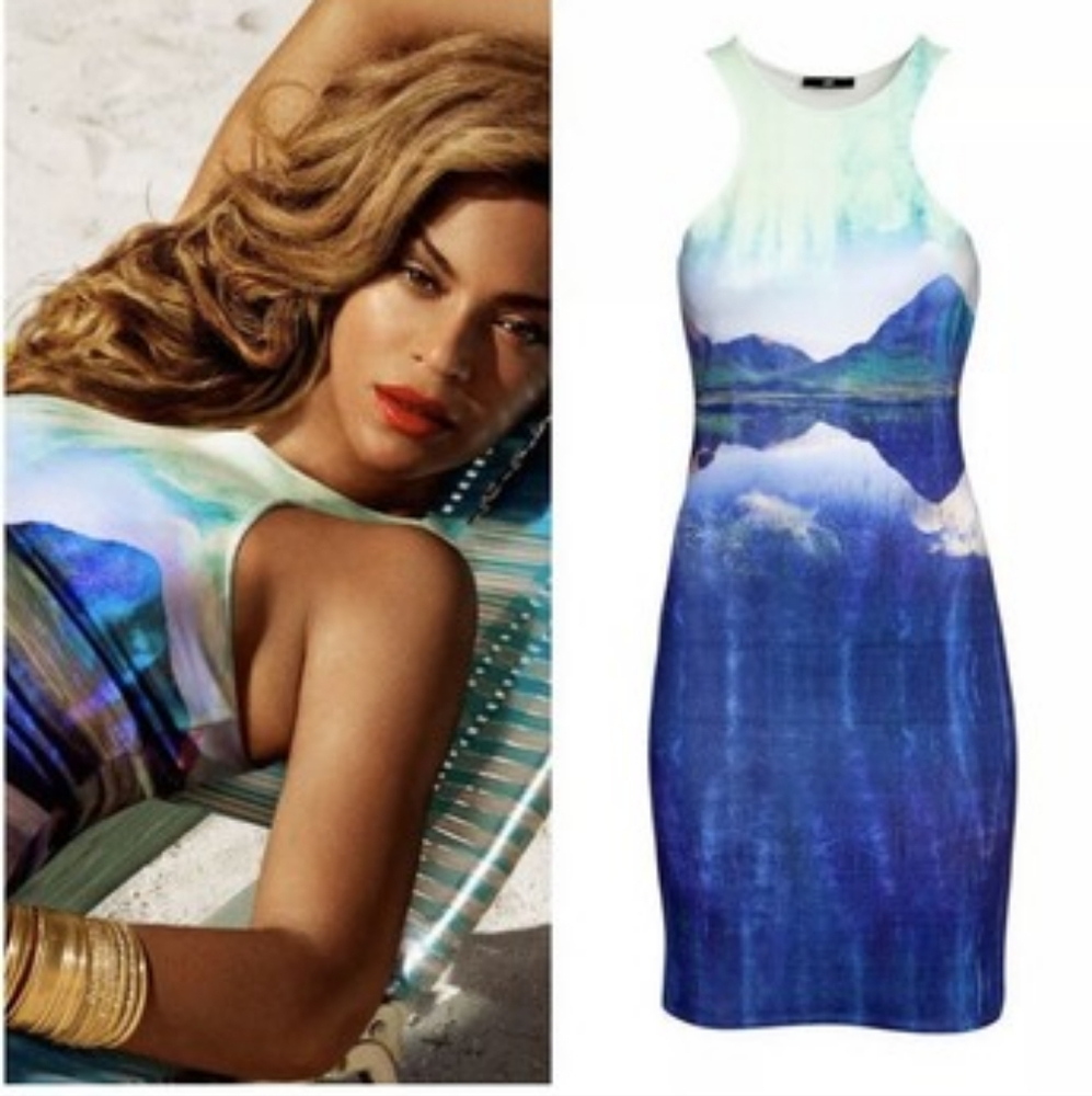 Beyonce as Mrs. Carter x H&M Blue Mountain Lake Tank Bodycon Dress Sz M